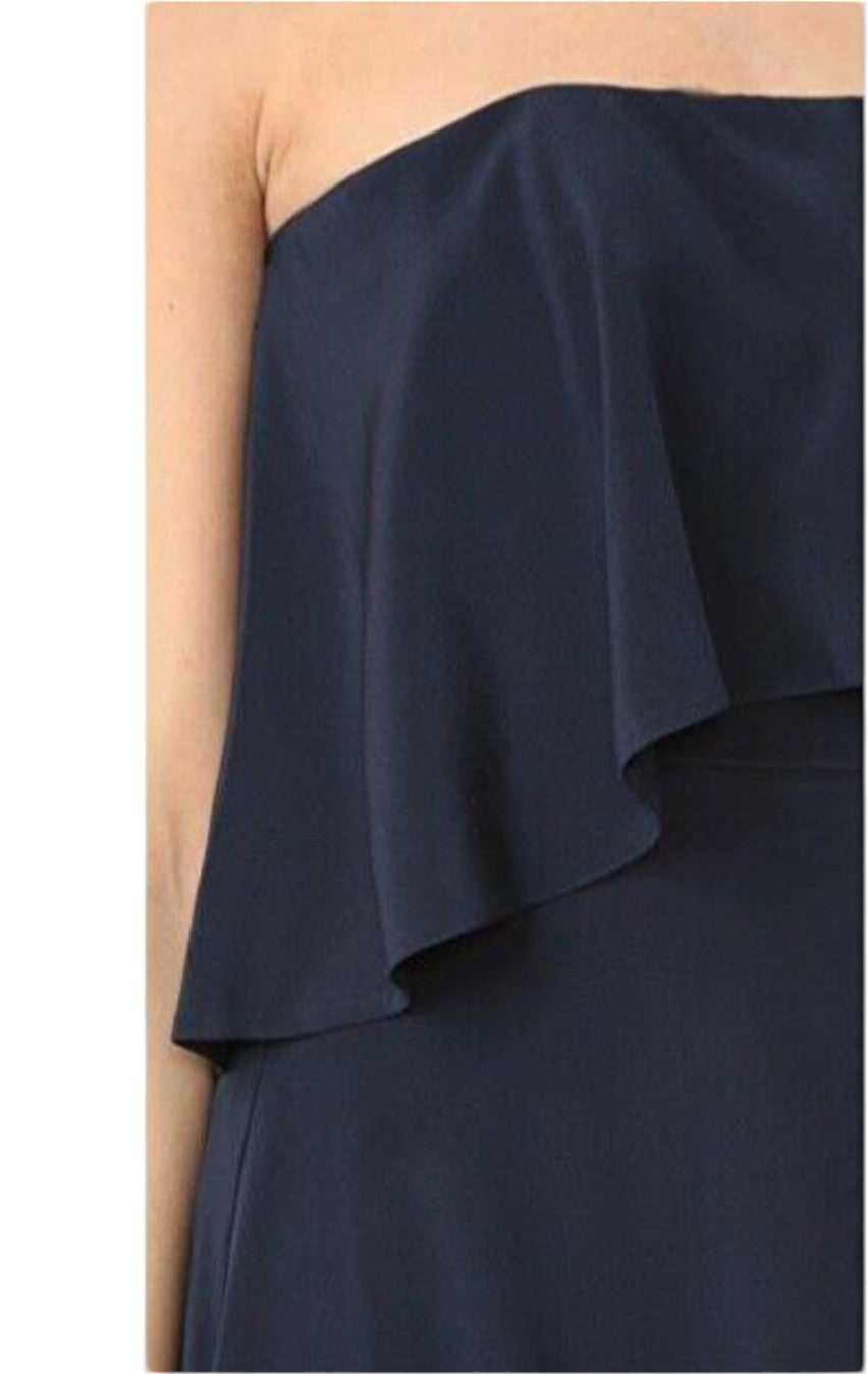 Zimmermann Strapless Flounce Dress | Navy | Bridesmaid, Sueded Silk, Overlay