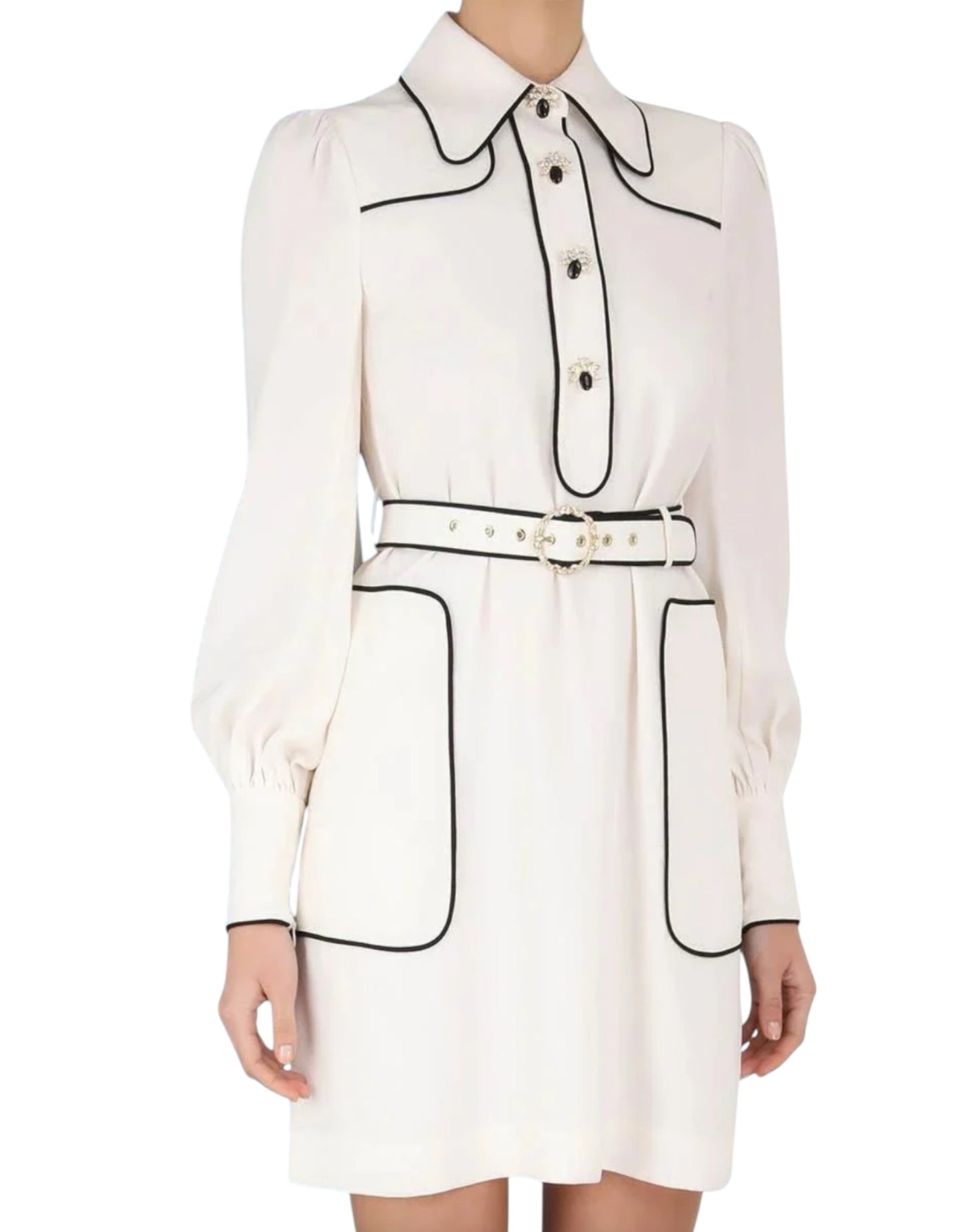 Zimmermann Collared Swing Dress | Belted, Mini, Black Trimming/Piping, Collared