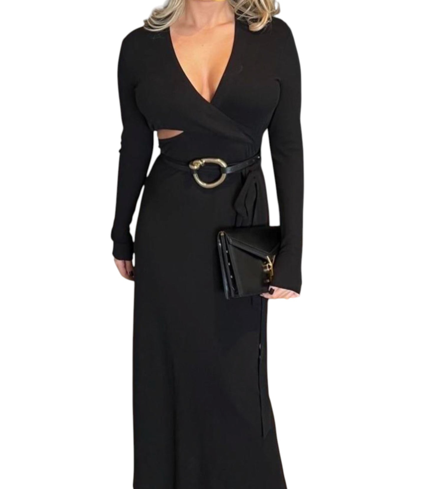 CAMILLA AND MARC Levante Midi Dress | Maxi, Black, Side Cut Outs, Low V Neckline