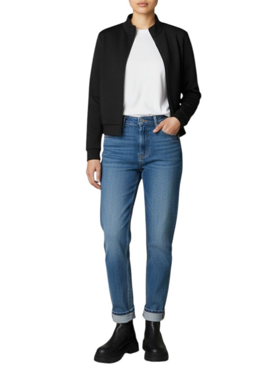 Naked Pear model wearing a black T by Alexander Wang neoprene bomber jacket with a mock collar and zipper closure.