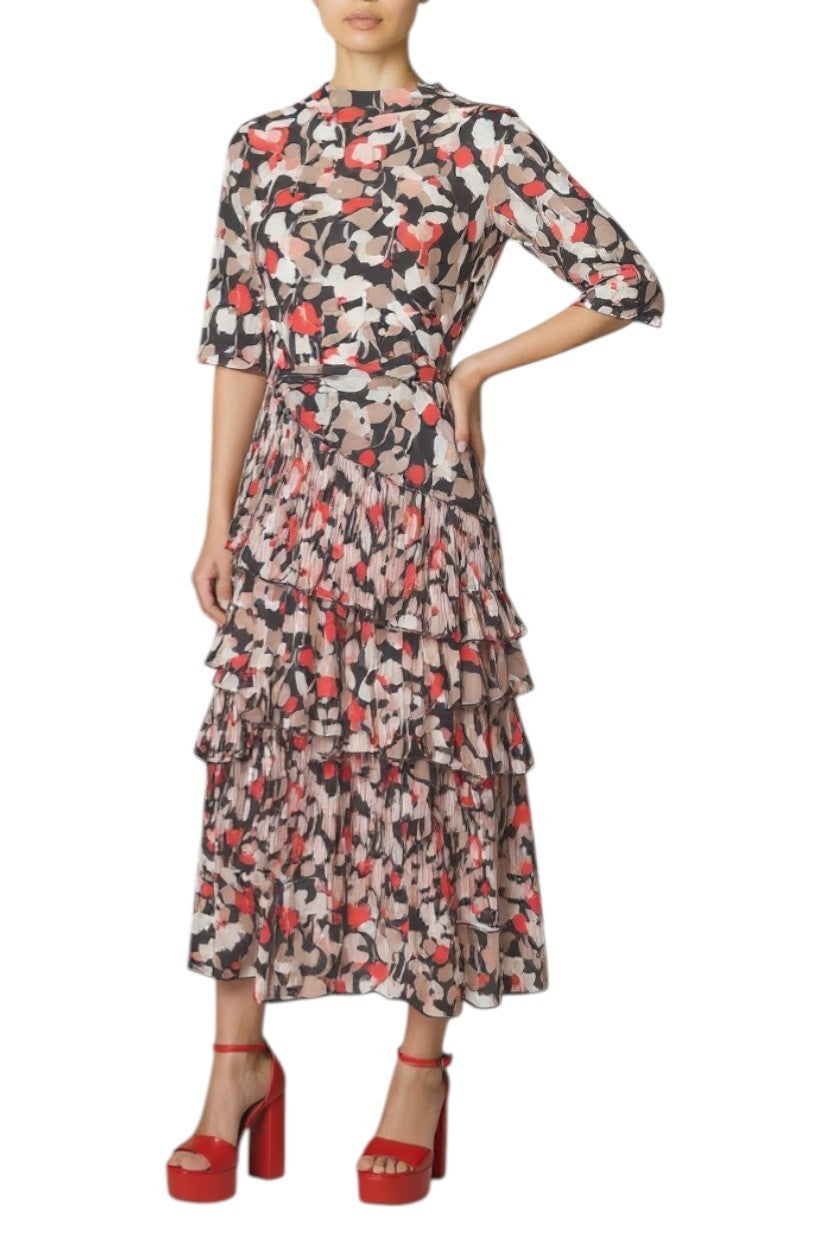 AI generated image of Woman wearing a floral dress with red shoes on a white background