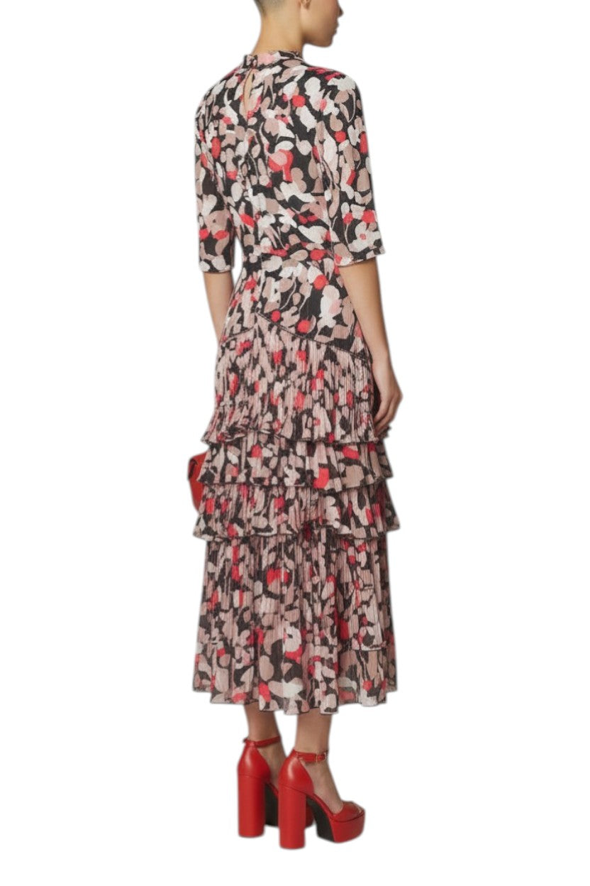 AI generated image of Woman wearing a floral dress with red shoes on a white background