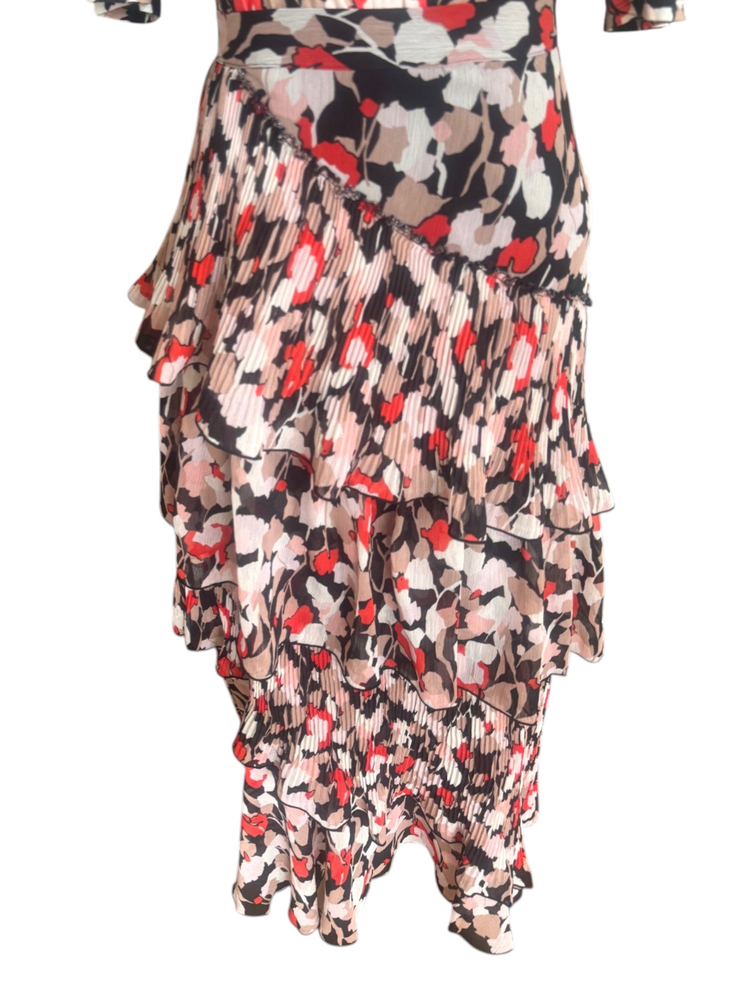Floral patterned skirt with ruffled layers on a white background