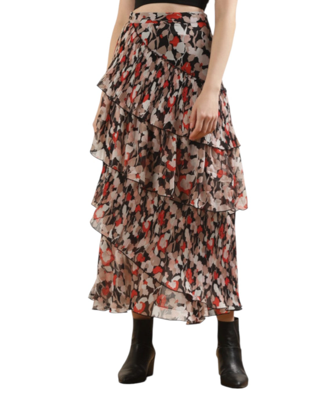 Floral tiered skirt worn by a person on a white background