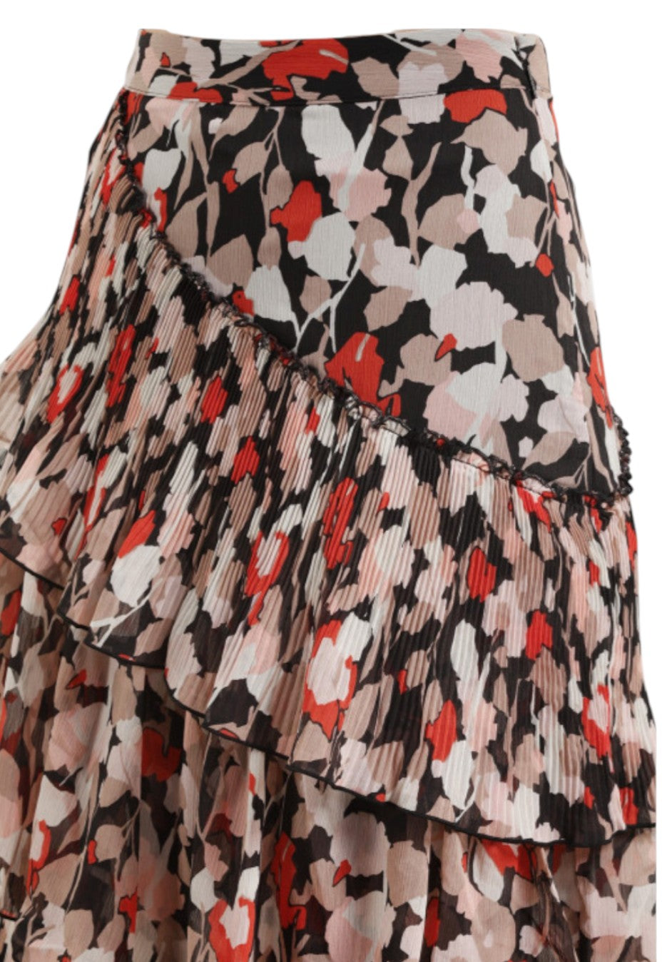 Floral patterned skirt with ruffled layers on a white background