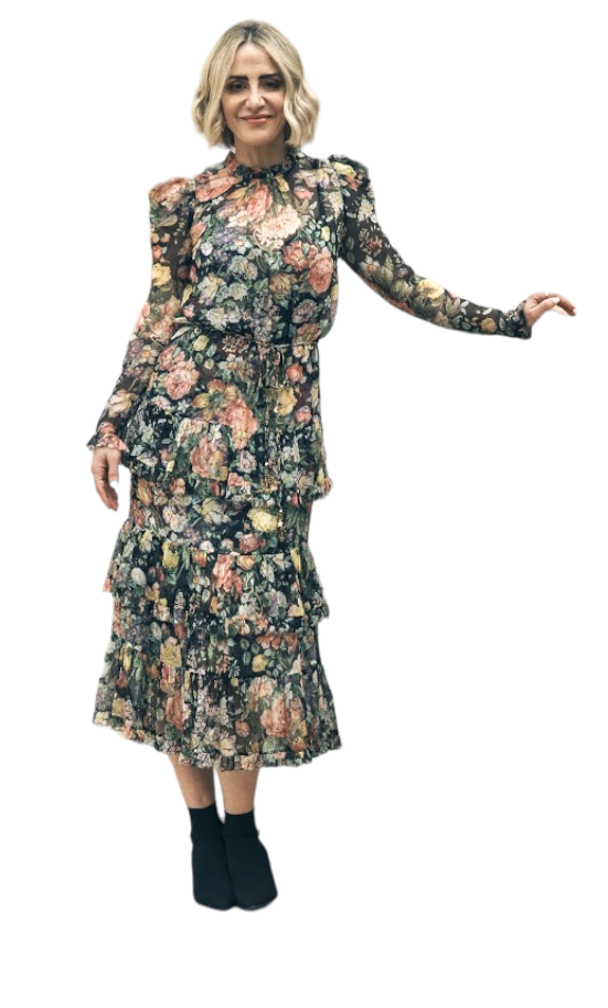 Zimmermann Floral Silk Midi Dress | Matching Slip, Sz 1, Tiered, Draped, Belted