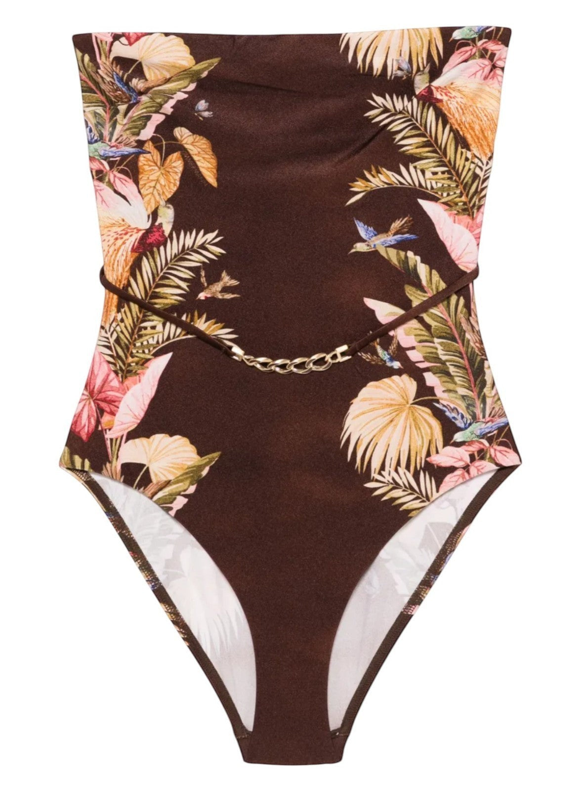 Naked Pear Zimmermann Ascension bandeau one-piece swimsuit in burgundy palm floral print with a gold chain waist belt.