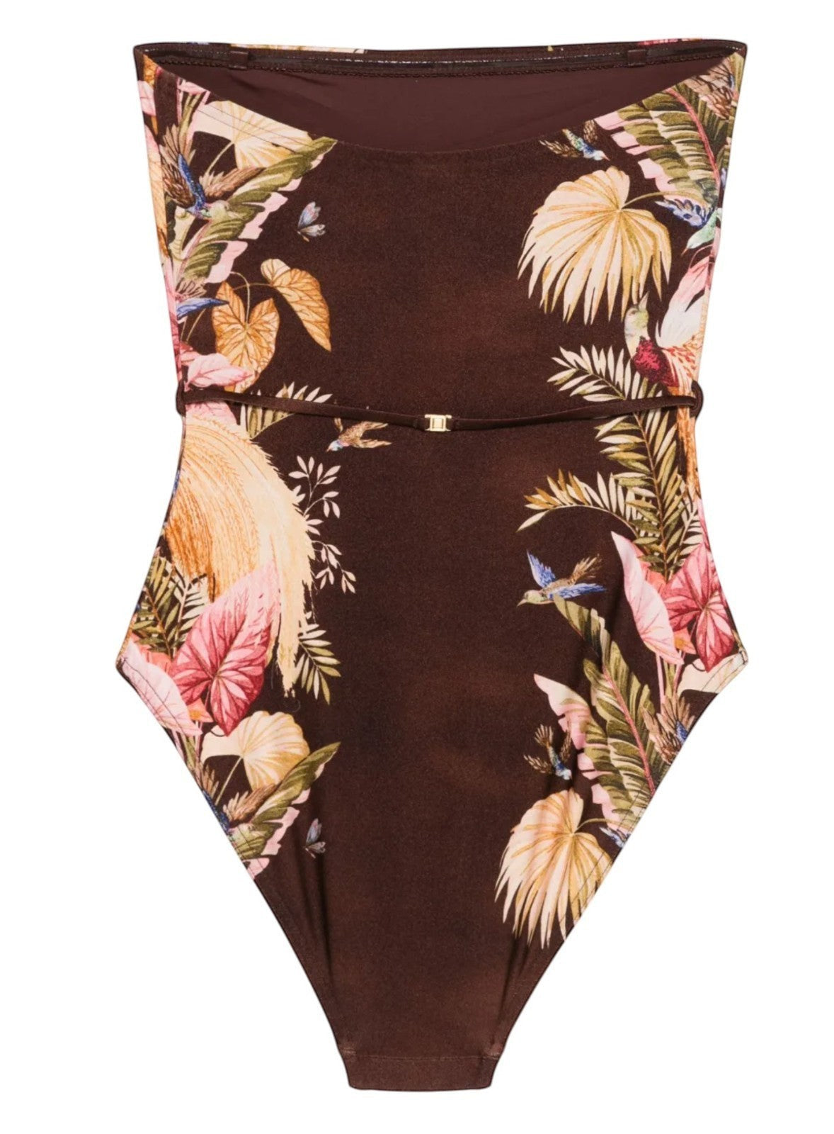 Naked Pear Zimmermann Ascension bandeau one-piece swimsuit in burgundy palm floral print with high-cut leg