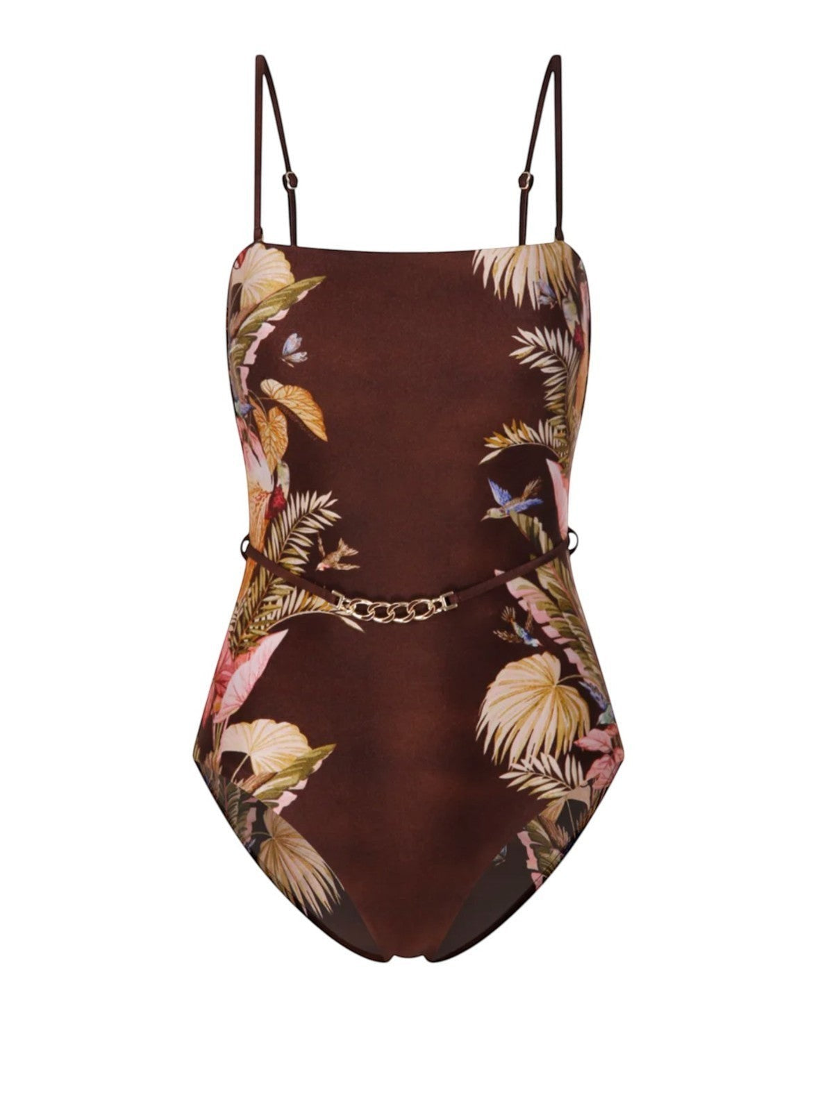 Naked Pear Zimmermann Ascension bandeau one-piece swimsuit in burgundy palm floral print with a gold chain waist belt.