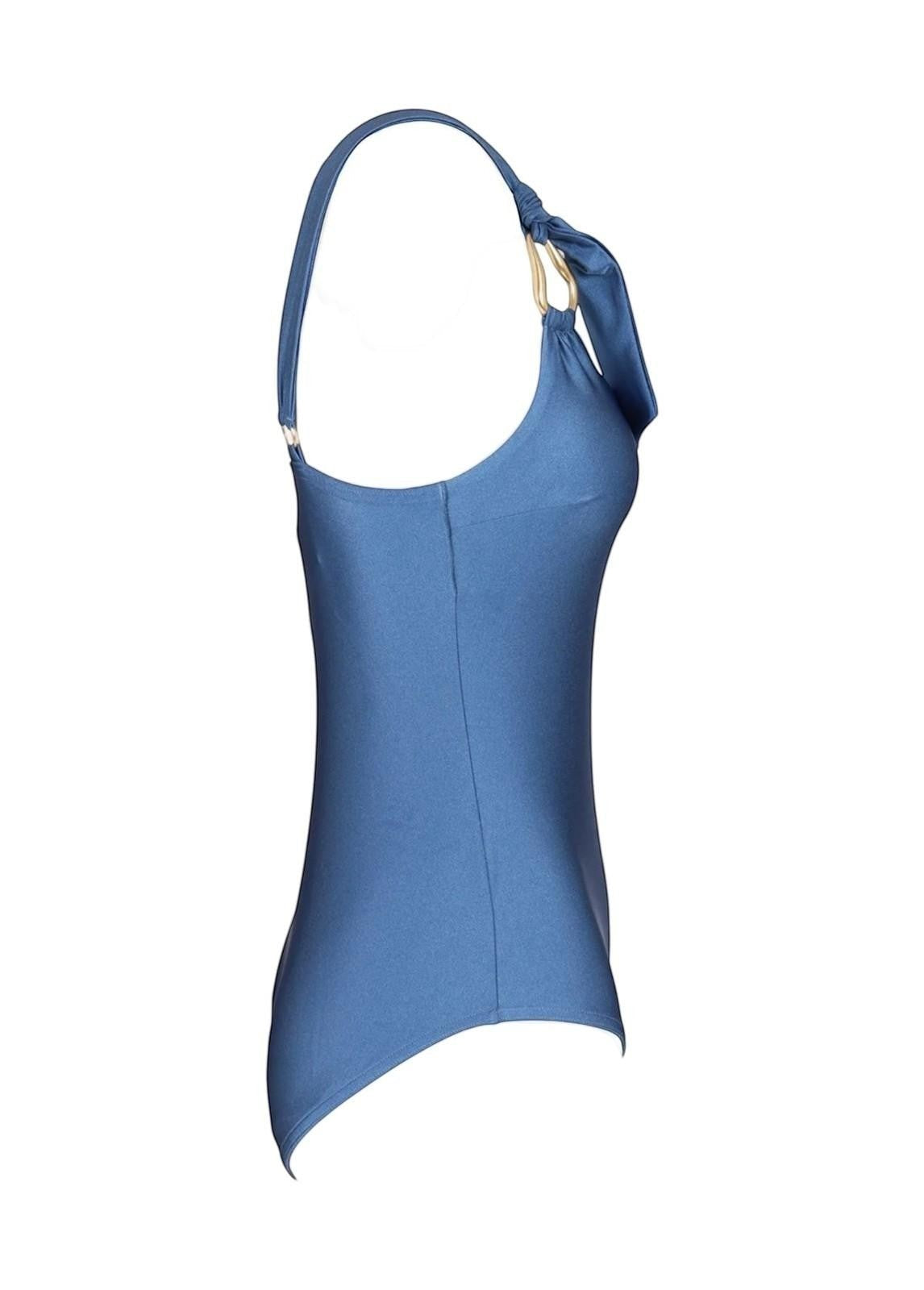 Naked Pear Zimmermann Ascension one-shoulder swimsuit in mid blue with gold hardware detail on the strap.
