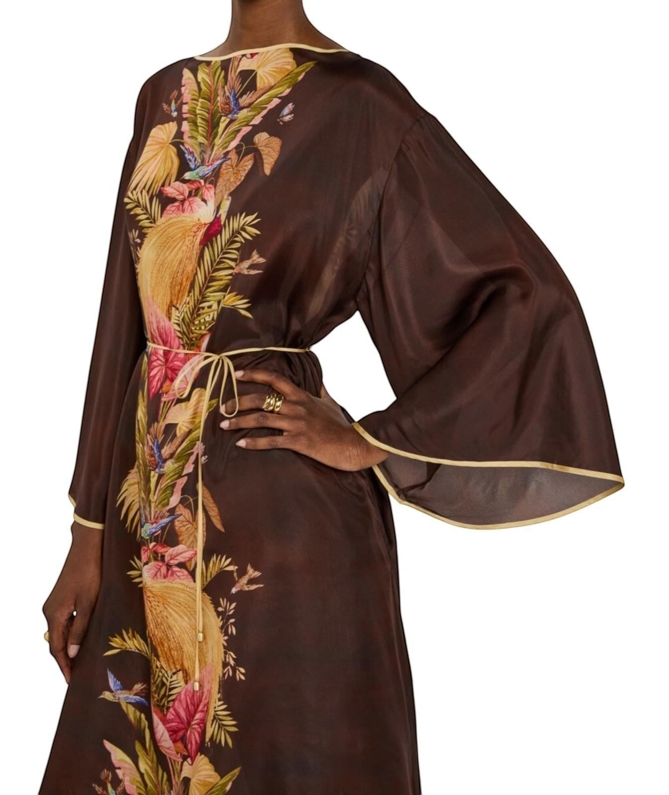 Naked Pear Zimmermann silk midi tunic dress in burgundy palm floral print with wide kimono sleeves and waist belt.