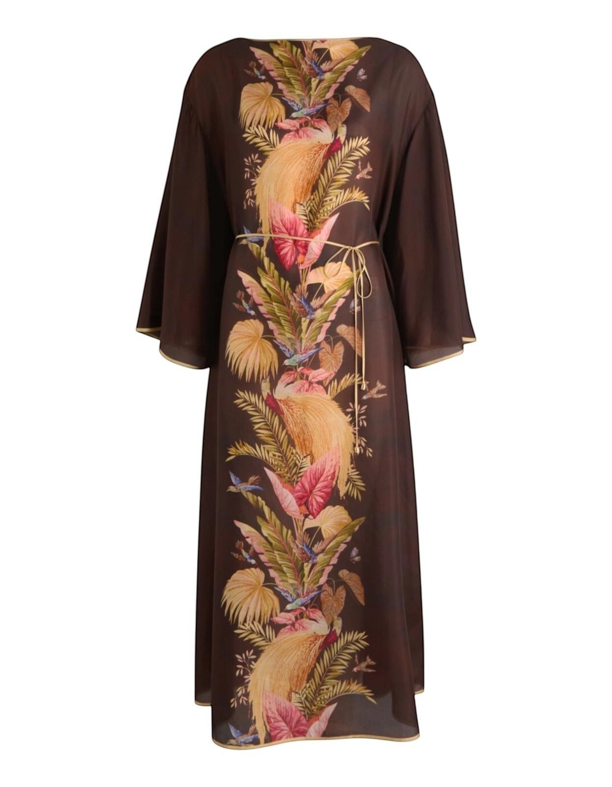 Naked Pear Zimmermann burgundy silk midi tunic dress with palm floral print, wide kimono sleeves, and waist belt.
