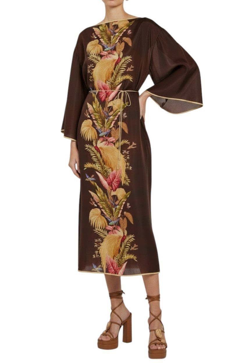 Naked Pear Zimmermann silk midi tunic dress in burgundy palm floral print with wide sleeves and self-tie waist belt