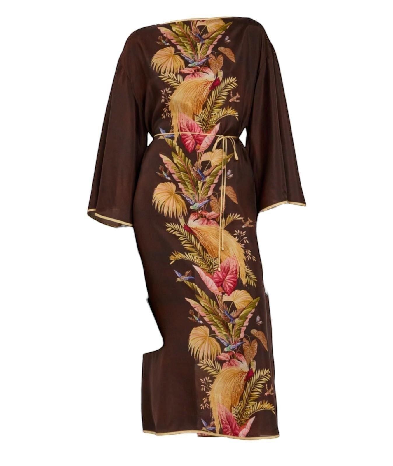 Naked Pear Zimmermann silk midi tunic dress in burgundy palm floral print with wide sleeves and a self-tie waist belt.