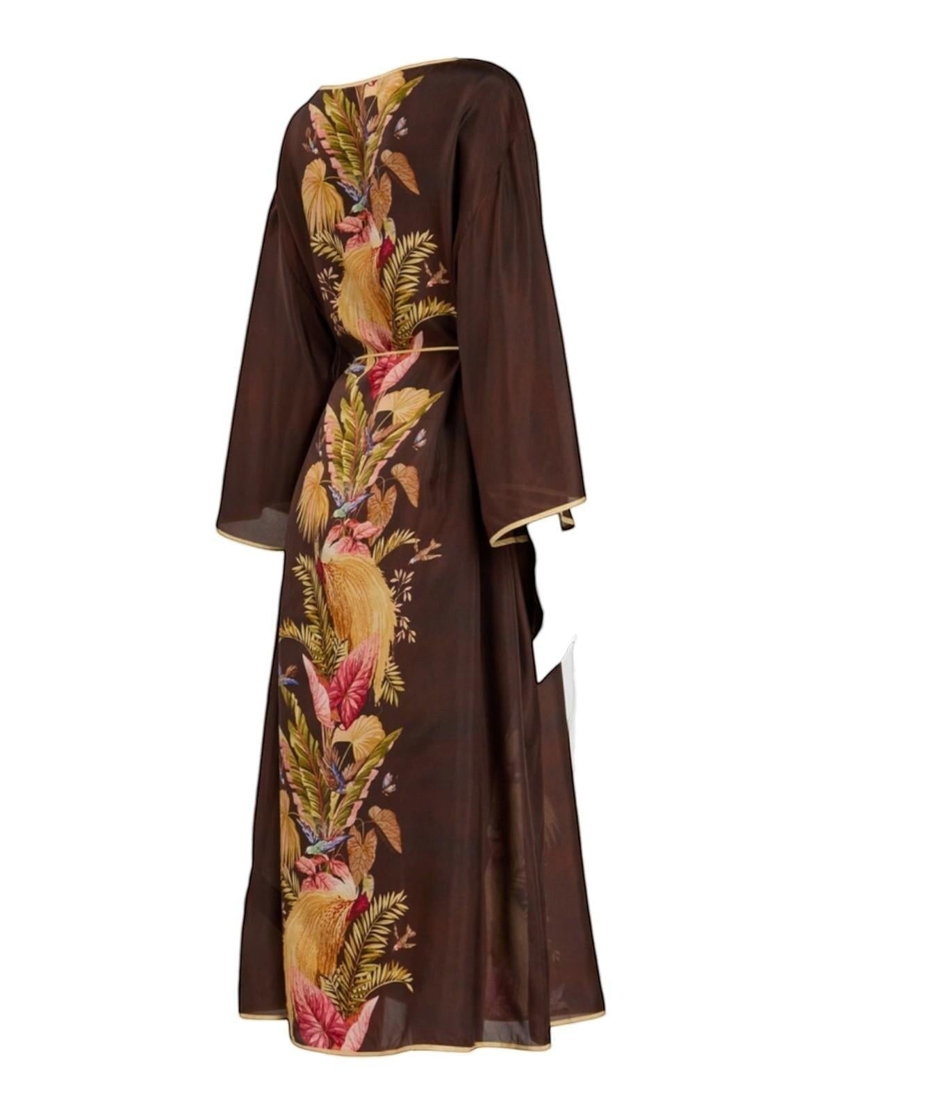 Naked Pear Zimmermann silk midi tunic dress in burgundy palm floral print with wide sleeves and self-tie waist belt