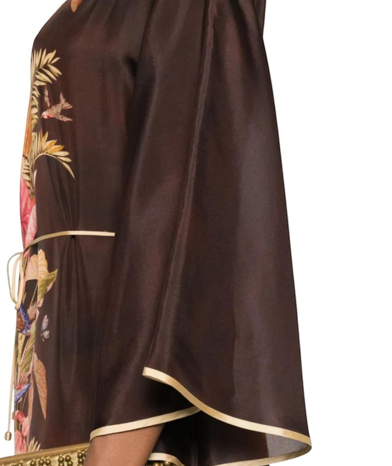 Naked Pear Zimmermann Ascension silk midi tunic dress in burgundy palm floral print with wide sleeves and contrast piping