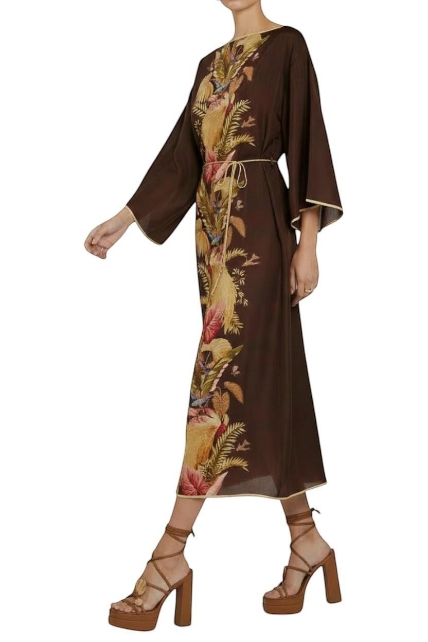 Naked Pear Zimmermann silk midi tunic dress in burgundy palm floral print with wide sleeves and waist belt