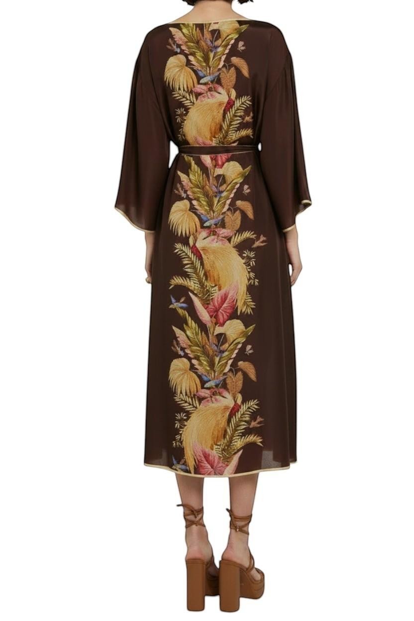 Back view of Naked Pear Zimmermann silk midi tunic dress in burgundy palm floral print with wide sleeves and belt