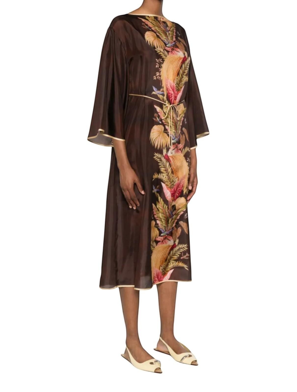 Naked Pear Zimmermann silk midi tunic dress in burgundy palm floral print with wide sleeves and self-tie waist belt