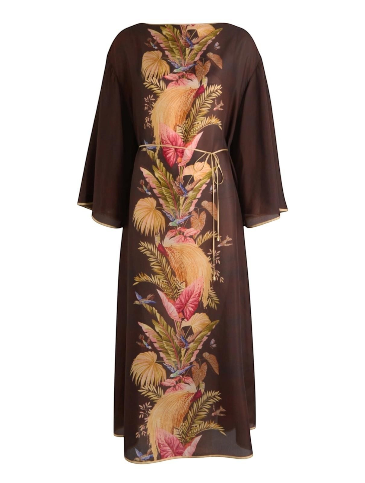 Naked Pear Zimmermann silk midi tunic dress in burgundy palm floral print with wide sleeves and self-tie waist belt.