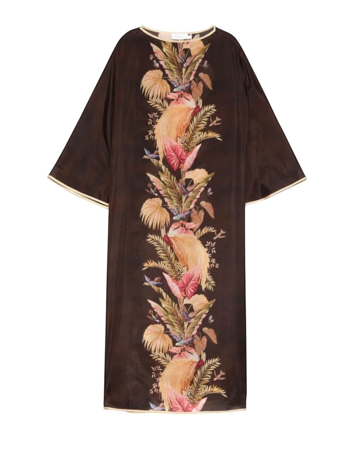 Naked Pear Zimmermann burgundy silk midi tunic dress with palm floral print, boat neckline, and wide kimono sleeves.