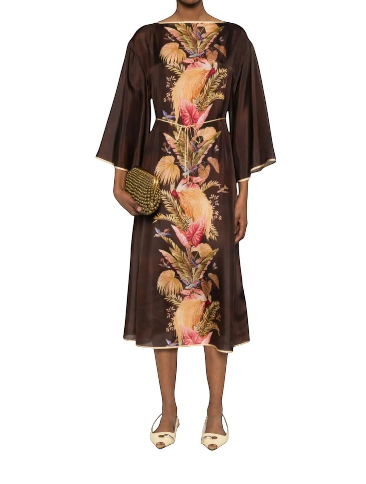 Naked Pear Zimmermann silk midi tunic dress in burgundy palm floral print with wide sleeves and self-tie waist belt.