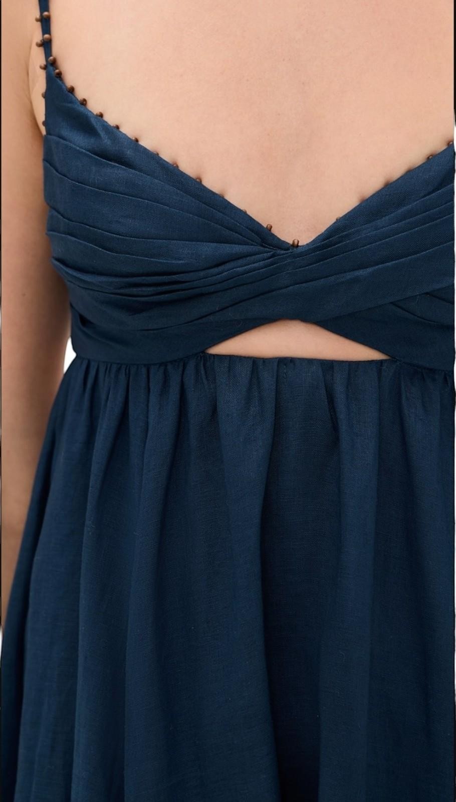 Naked Pear Zimmermann navy blue linen midi dress with twist front, cut out detail, and wooden bead strap trim.