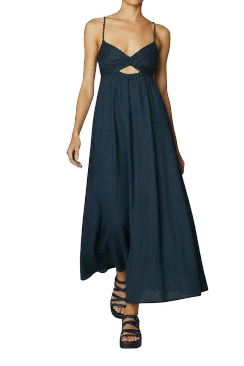 Naked Pear Zimmermann navy blue linen midi dress with twist front, sweetheart neckline, and wooden beaded straps