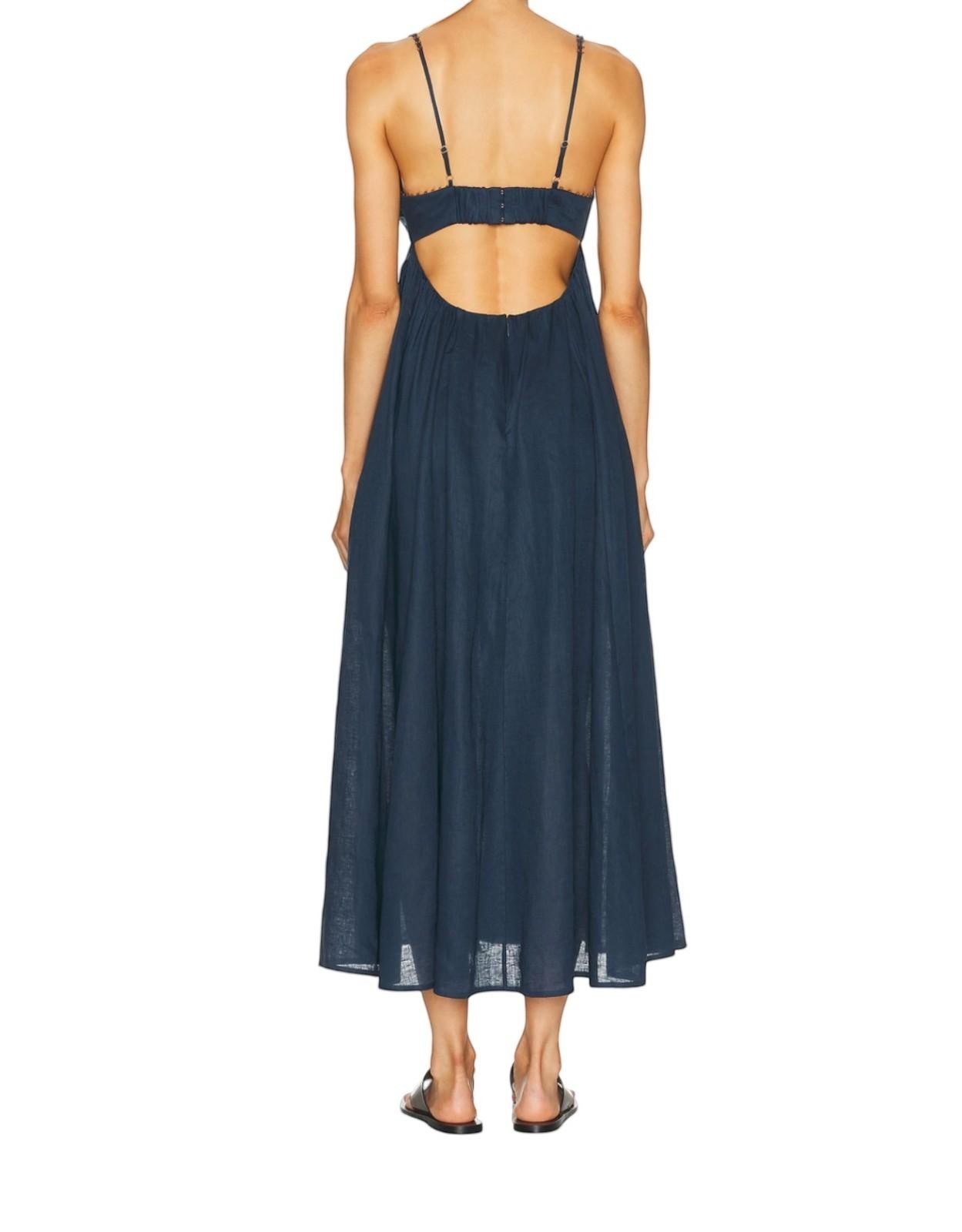 Naked Pear Zimmermann navy blue linen midi dress featuring a scooped back, cut-out detail, and adjustable beaded straps.