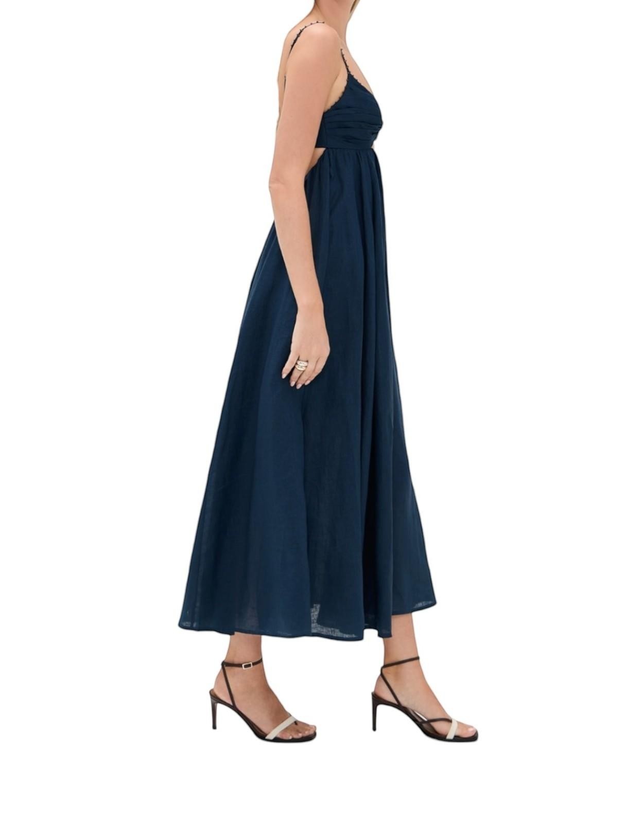 Naked Pear Zimmermann navy blue linen midi dress with twist front, beaded straps, and back cut-out detail