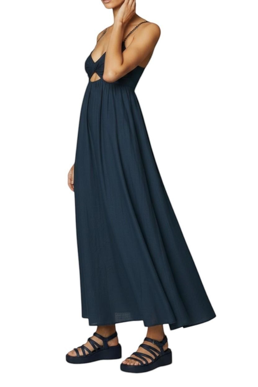 Naked Pear Zimmermann navy blue linen midi dress with twist front, beaded straps, and cut out back detail