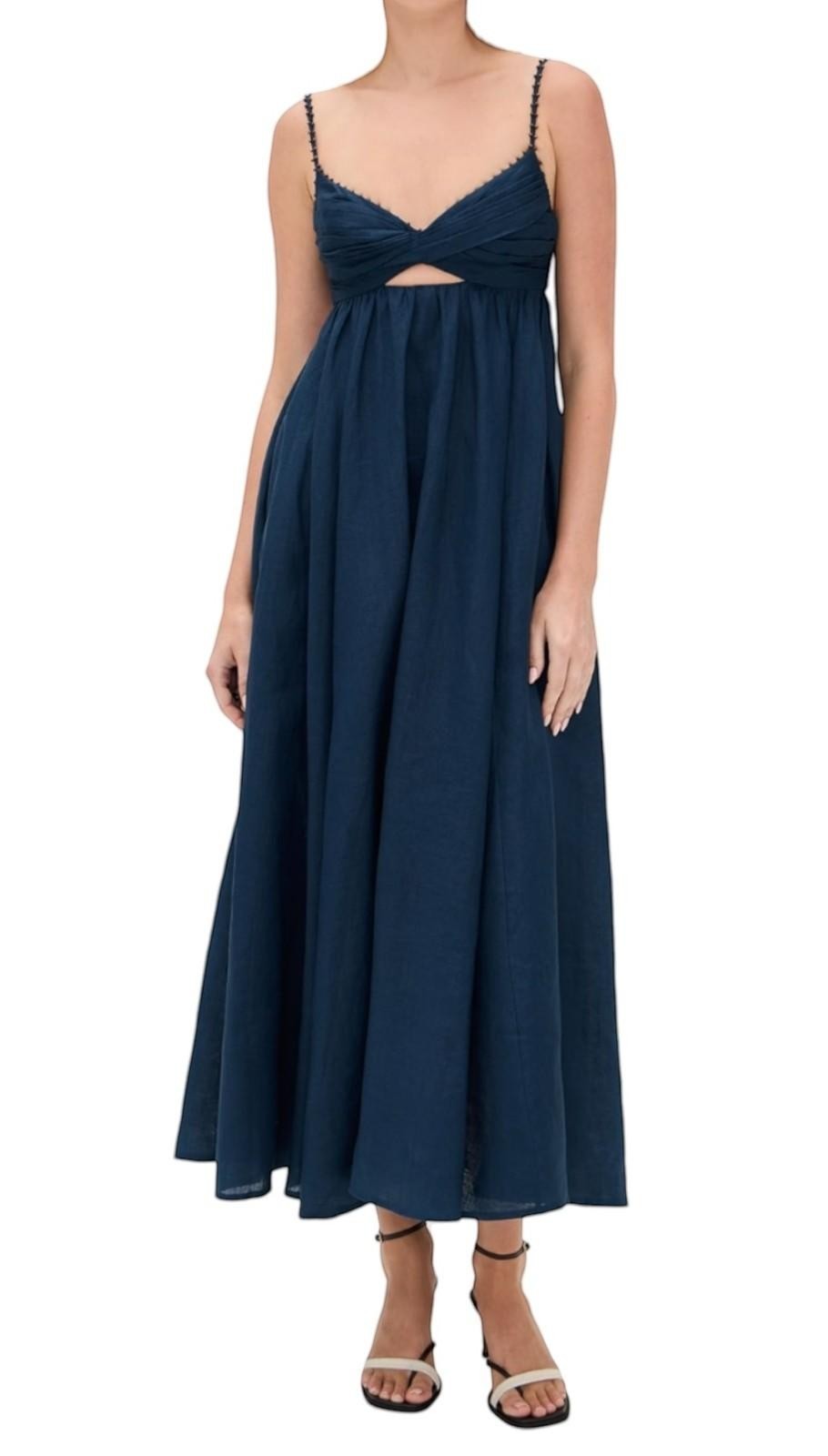 Naked Pear Zimmermann navy blue linen midi dress with twist front, sweetheart neckline, and beaded strap detail.
