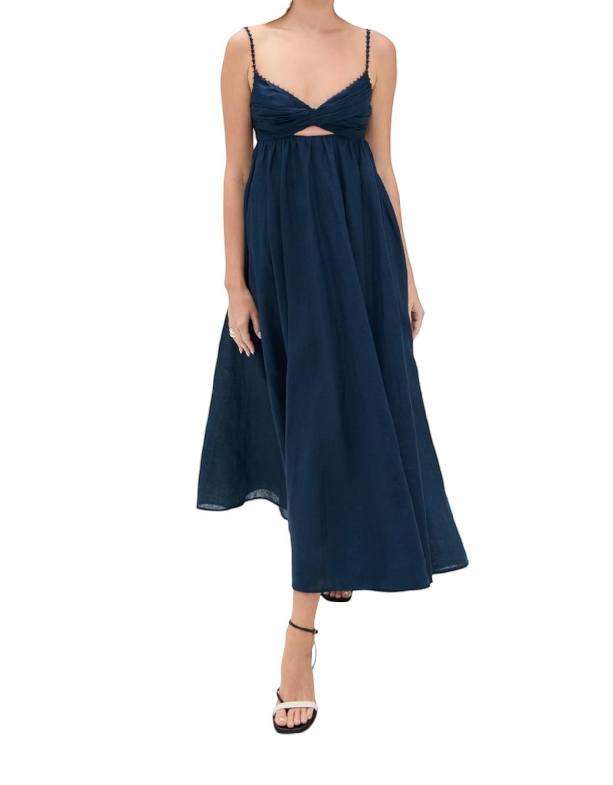 Naked Pear Zimmermann navy blue linen midi dress with twist front, sweetheart neckline, and wooden bead straps.