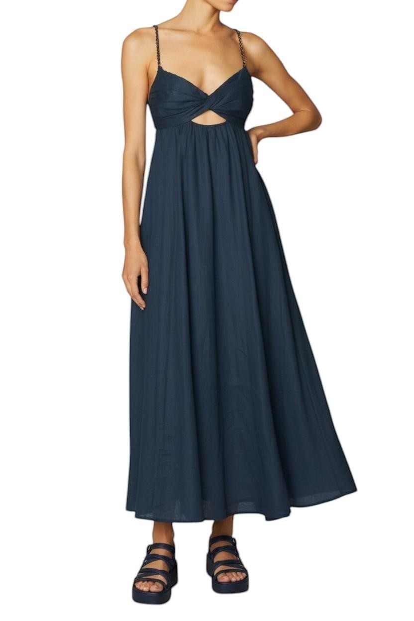 Naked Pear Zimmermann navy blue linen midi dress with twist front, sweetheart neckline, and beaded strap detail.