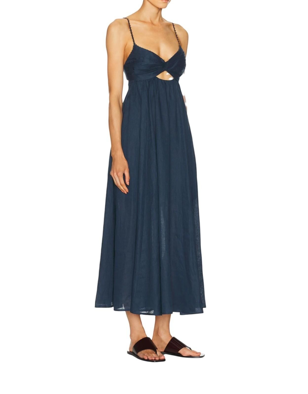 Naked Pear Zimmermann navy blue linen midi dress with twist front, sweetheart neckline, and wooden bead strap detail.