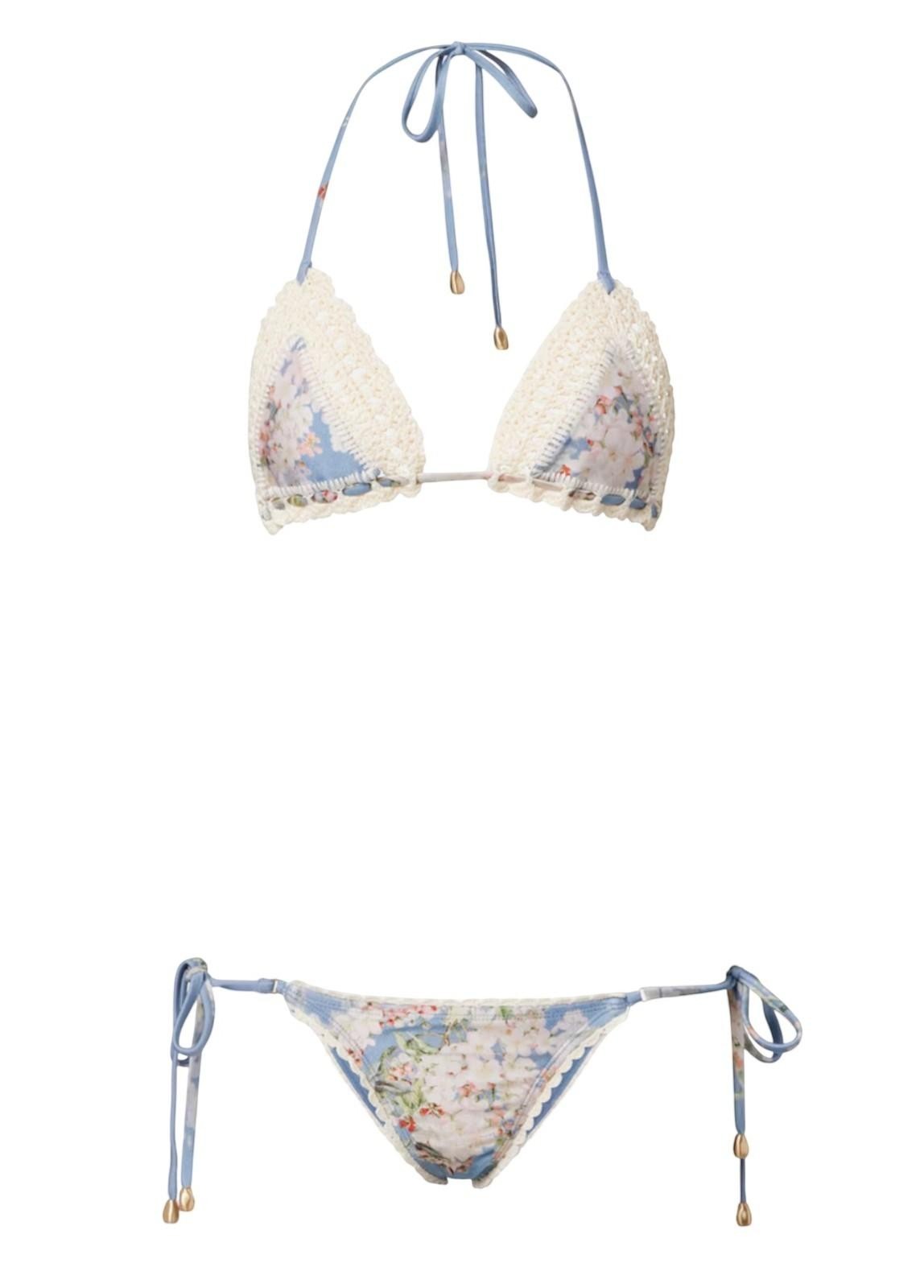 Naked Pear Zimmermann Cascadian floral crochet triangle bikini with tie-side bottoms in tea blue and white cotton.