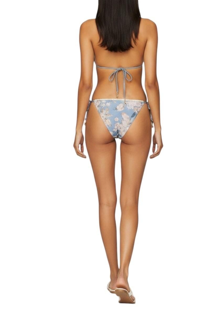 AI generated image of Naked Pear Zimmermann Cascadian floral crochet bikini bottoms with low-rise tie sides viewed from the back.