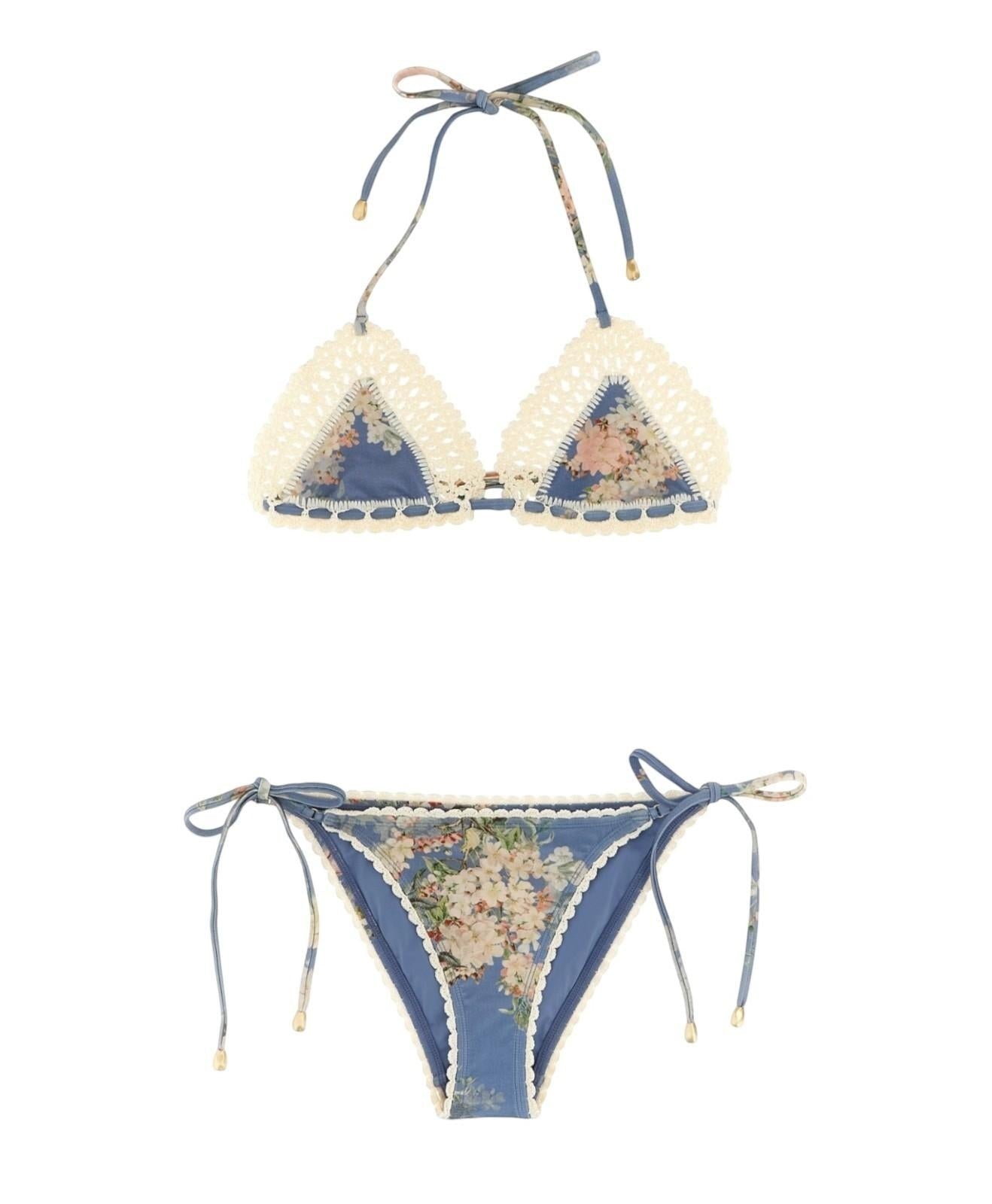 Naked Pear Zimmermann Cascadian floral crochet triangle bikini in tea blue with white cotton trim and tie closures.