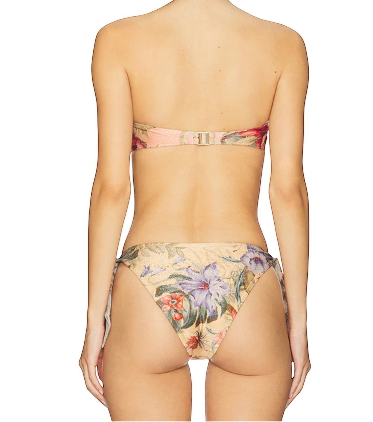 Naked Pear Zimmermann floral print bikini bottoms with side ties in tan multi, shown from the back view.