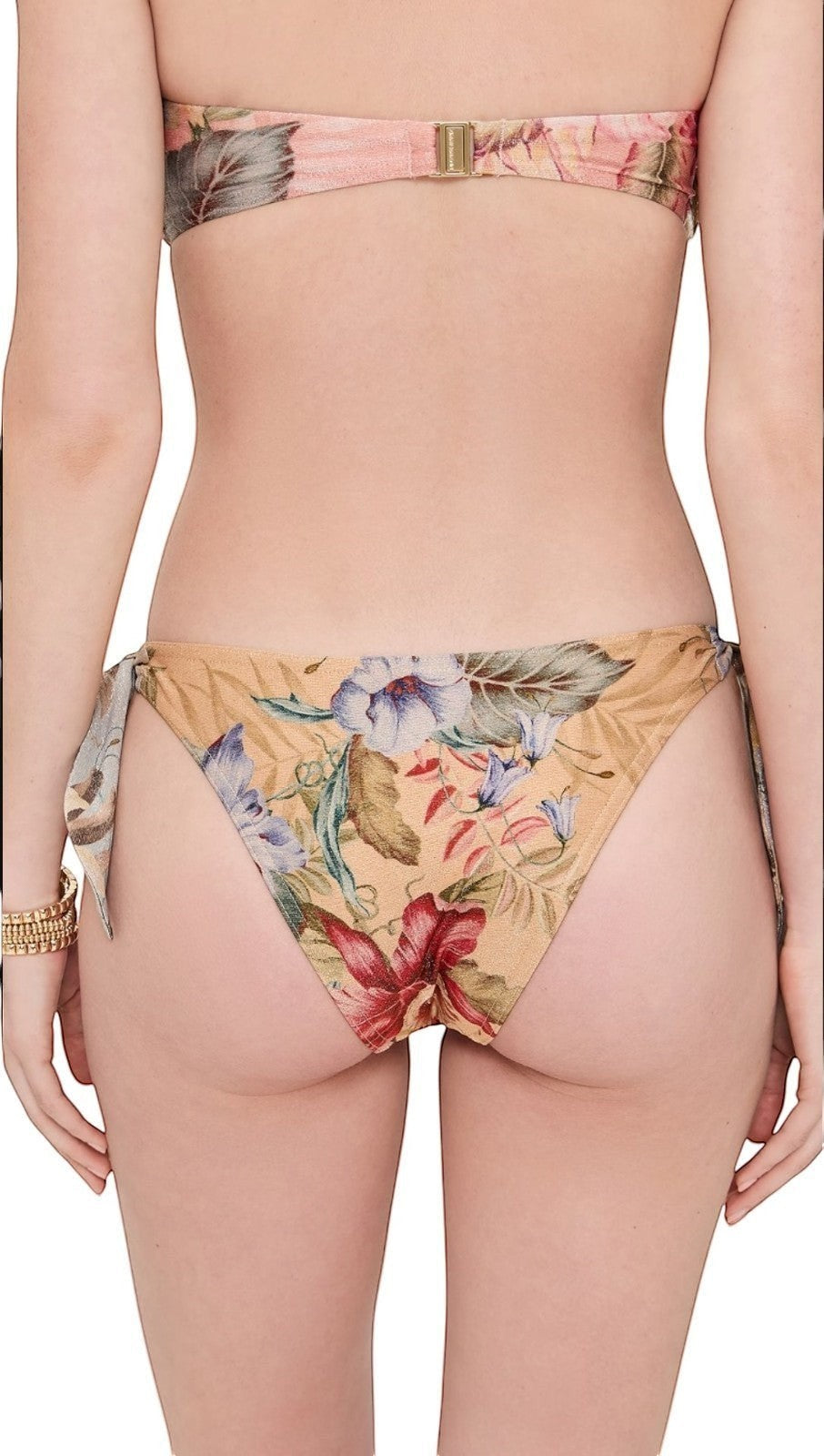 Naked Pear Zimmermann tan multi floral low-rise bikini bottoms with side tie closures in Italian lycra.