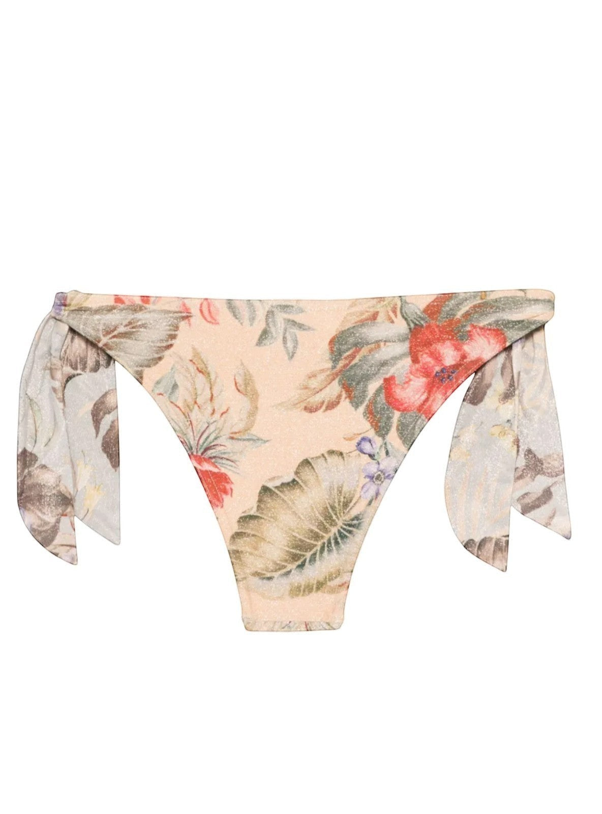 Naked Pear Zimmermann tan multi floral print low-rise bikini bottoms with adjustable side tie closures in Italian lycra.