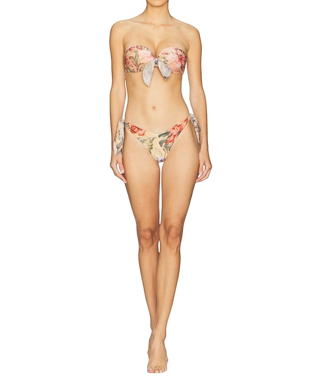Naked Pear Zimmermann floral print two-piece bikini with scarf tie top and low-rise side-tie bottoms in tan multi