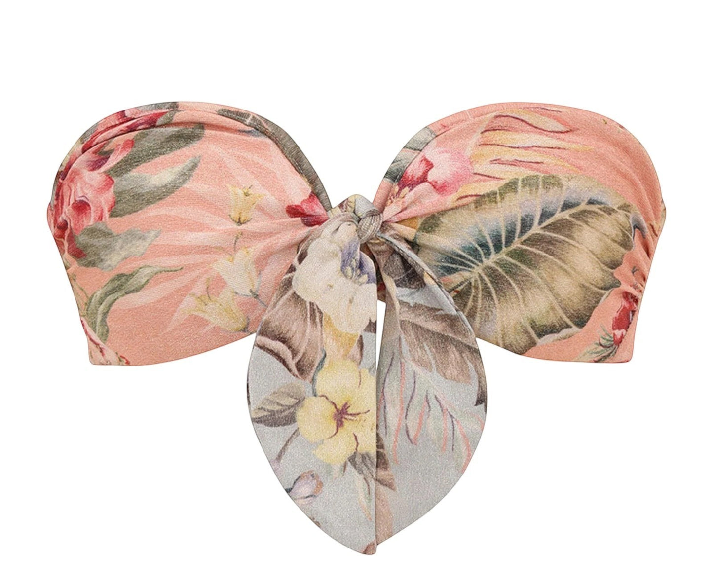 Naked Pear Zimmermann Coco bandeau bikini top in tan floral print with a front scarf tie and gathered bust detail.