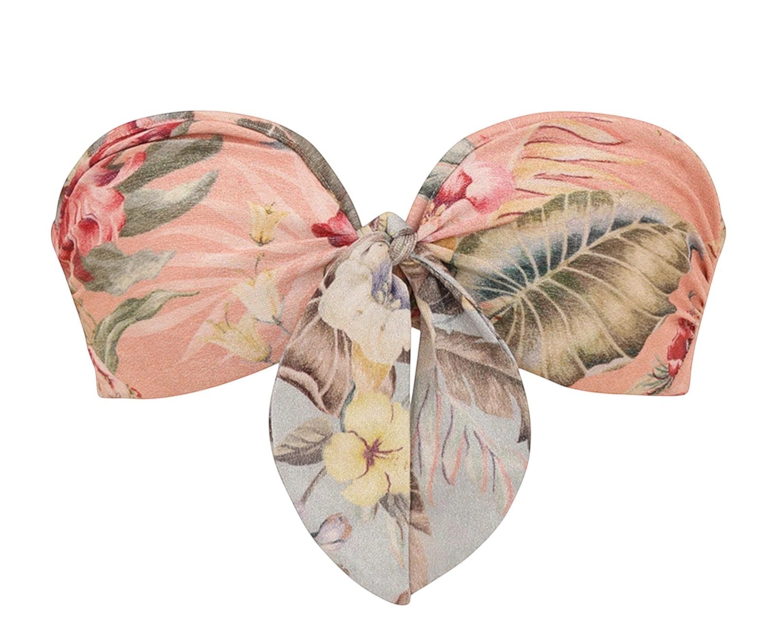 Naked Pear Zimmermann Coco bandeau bikini top in tan floral print with a front scarf tie and gathered bust detail.