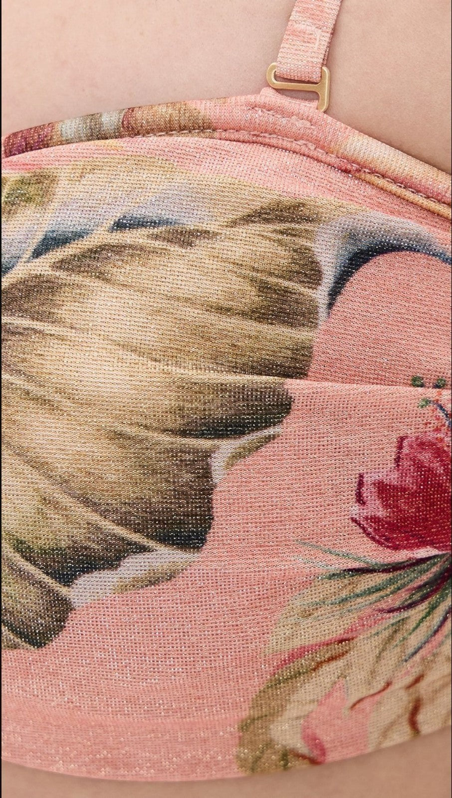 Naked Pear Zimmermann Coco bandeau bikini top in tan multi floral Italian lycra with adjustable shoulder strap