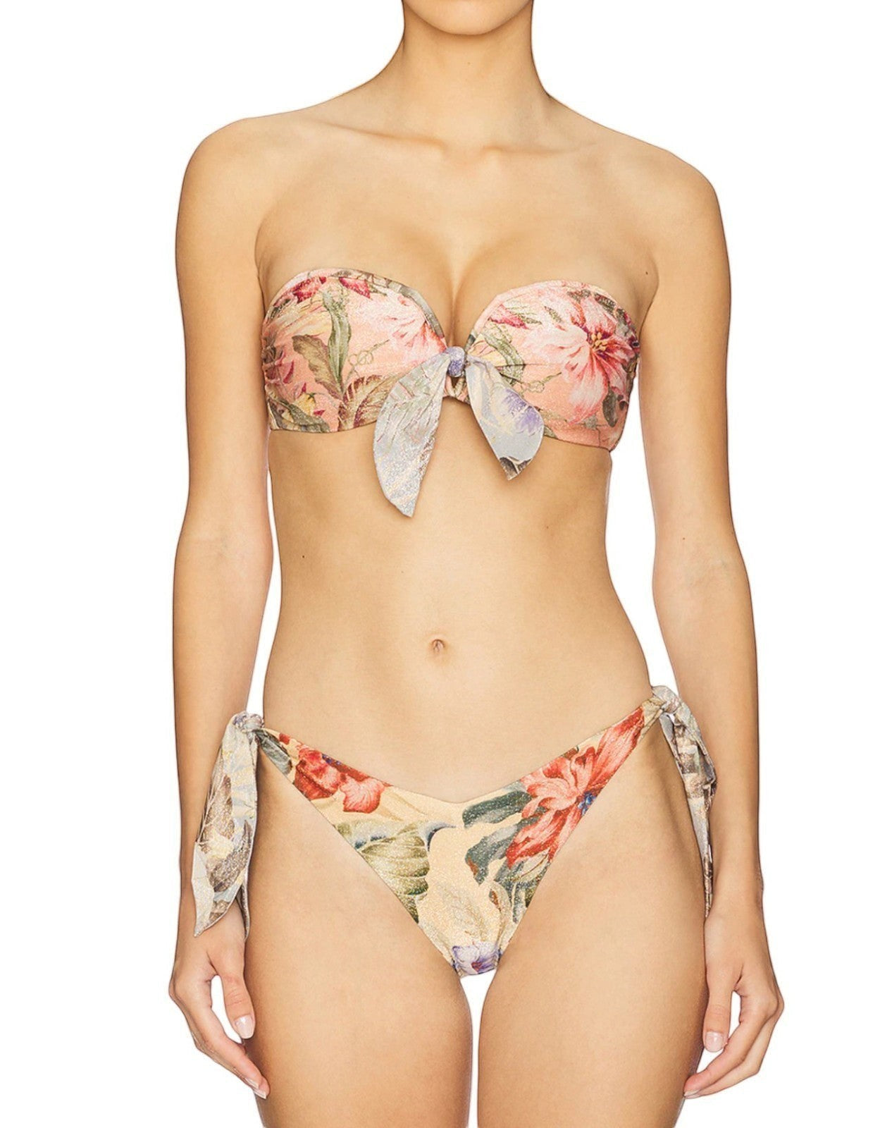 Naked Pear Zimmermann Coco floral bandeau bikini top with front tie and matching side-tie bottoms in tan multi