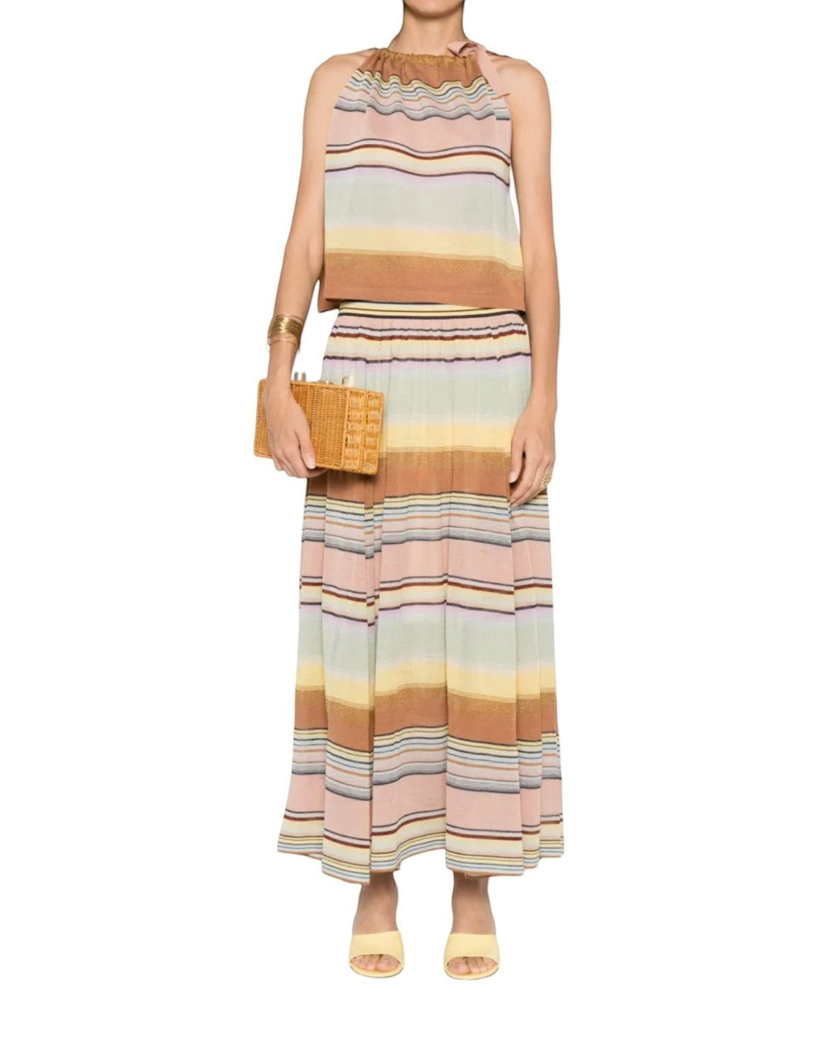 Naked Pear Zimmermann Coco multi-stripe knit halterneck top with self-tie neckline worn with matching striped skirt