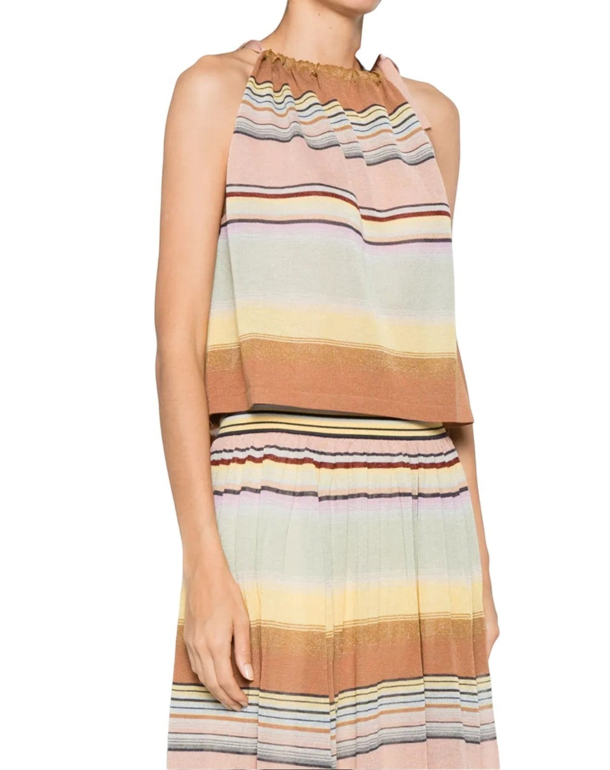 Naked Pear Zimmermann Coco multi-stripe knit halterneck top with self-tie neckline and relaxed fit