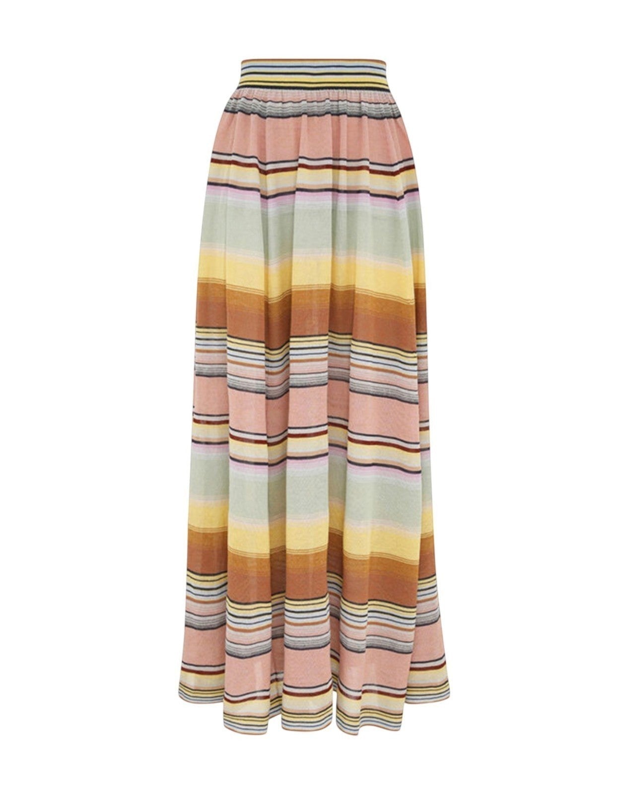 Naked Pear Zimmermann Coco multi-stripe knitted maxi skirt with a high waist and flowing silhouette.