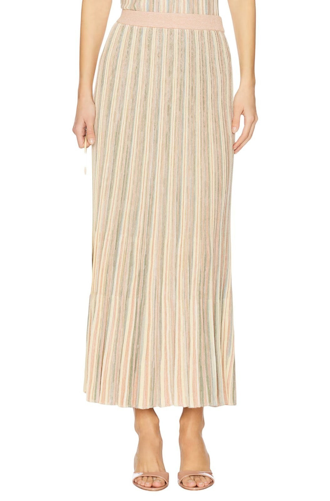 Naked Pear Zimmermann Illuminate Moulin midi skirt in pastel multi-stripe knitted viscose blend with pleated design.